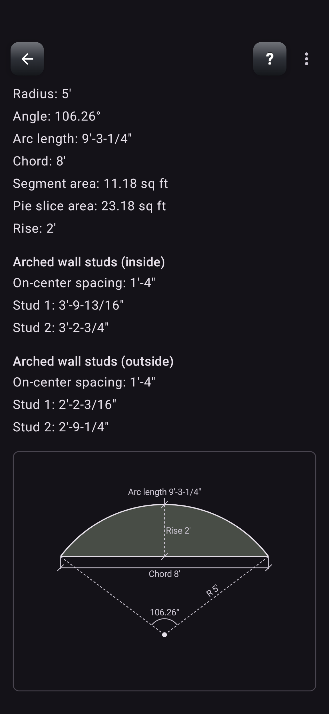 Arc results with radius, angle, arc length, and arched wall stud lengths, plus the arc diagram