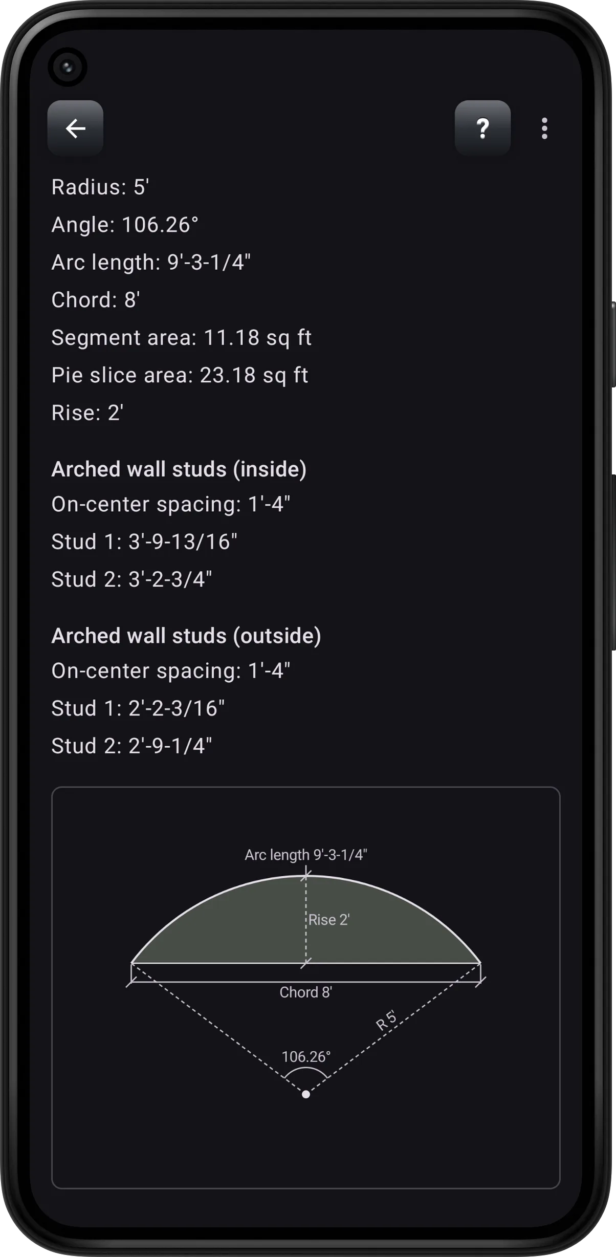 Arc results with radius, angle, arc length, and arched wall stud lengths, plus the arc diagram