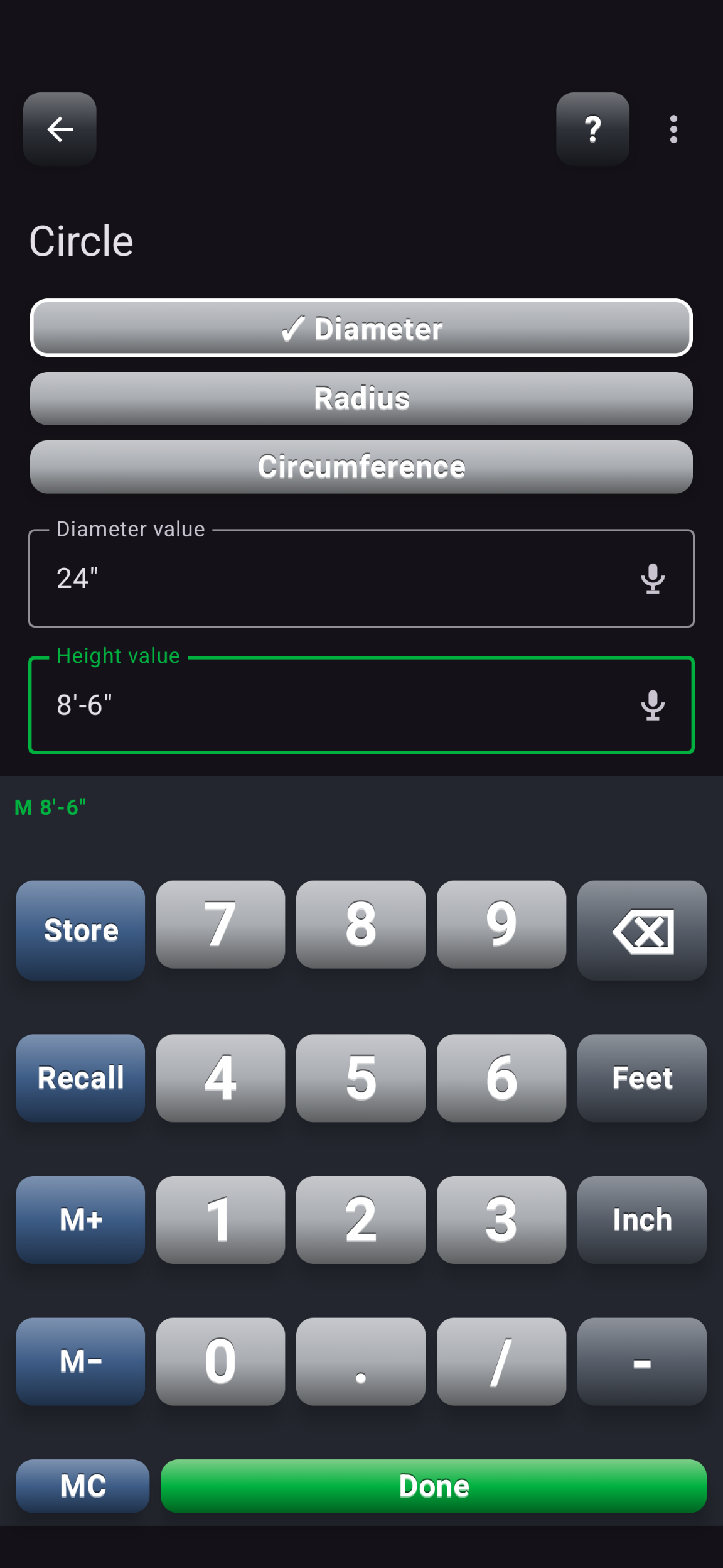 Circle screen solving diameter, radius, circumference, and column volume