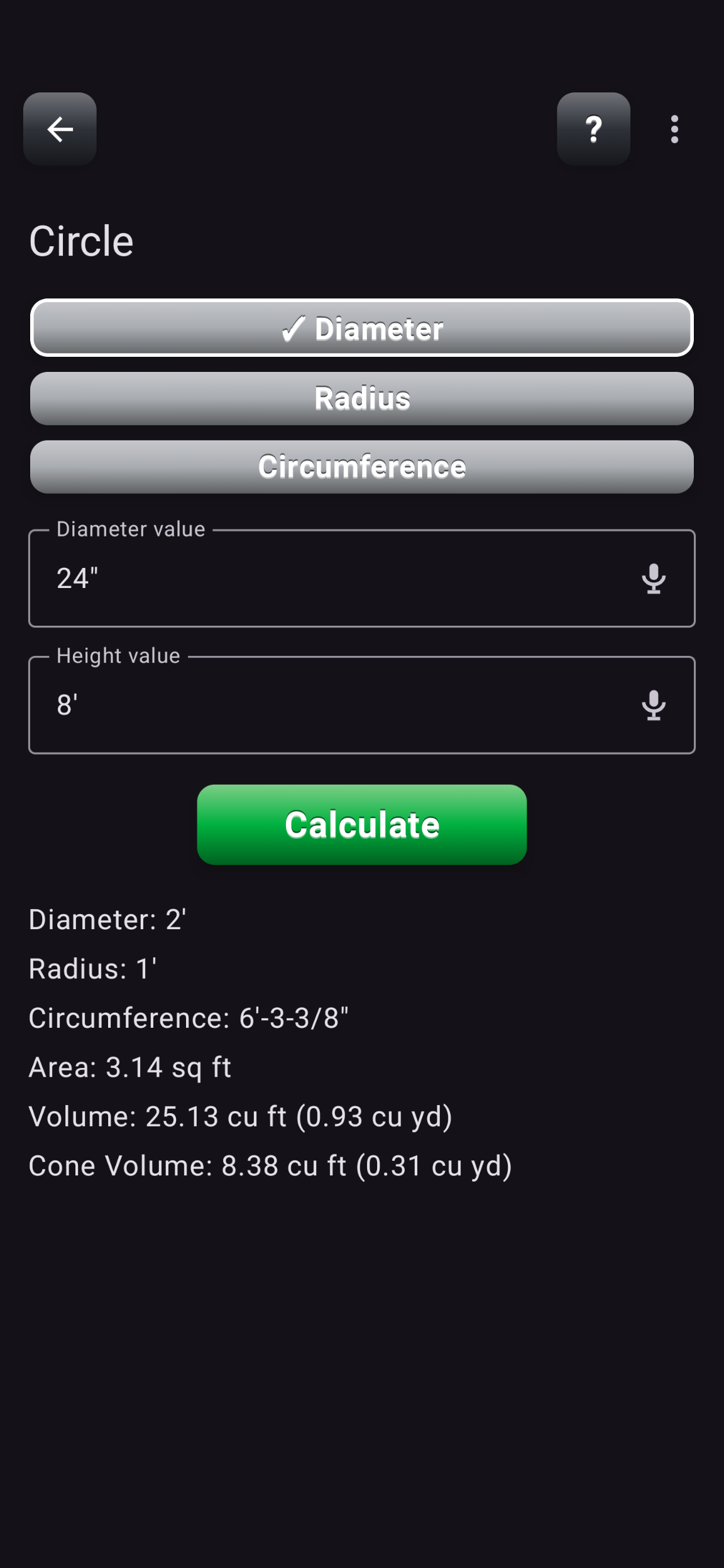 Circle results with diameter, radius, circumference, area, volume, and cone volume