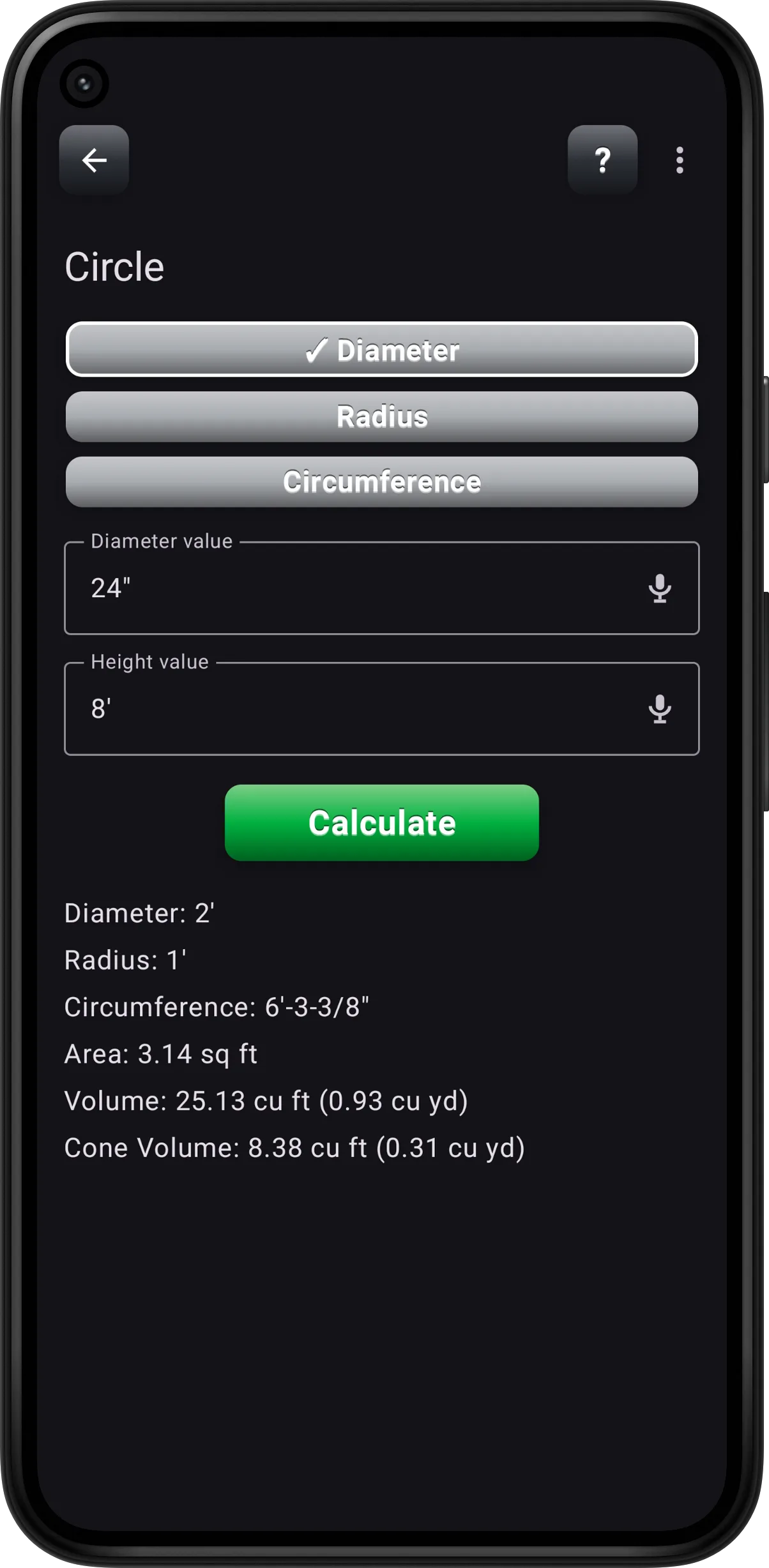 Circle results with diameter, radius, circumference, area, volume, and cone volume