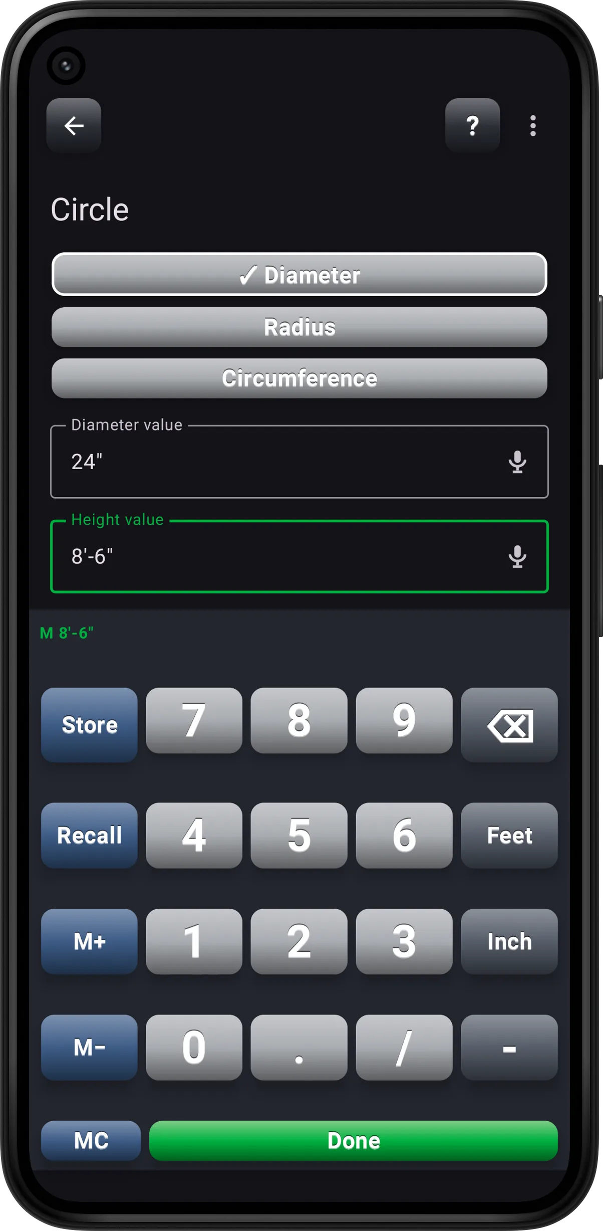 Circle screen solving diameter, radius, circumference, and column volume