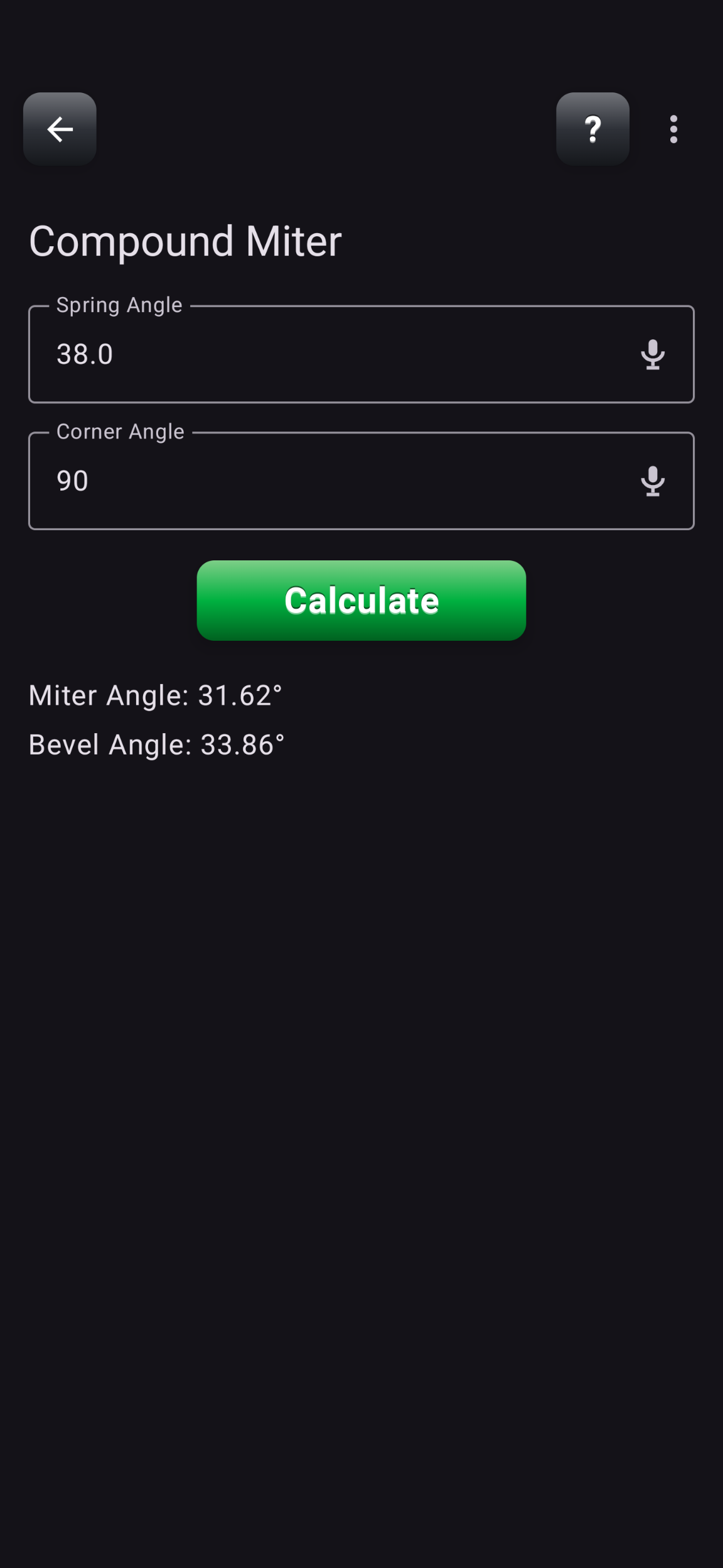 Compound Miter (Advanced) screen solving miter and bevel angle from spring angle and corner angle