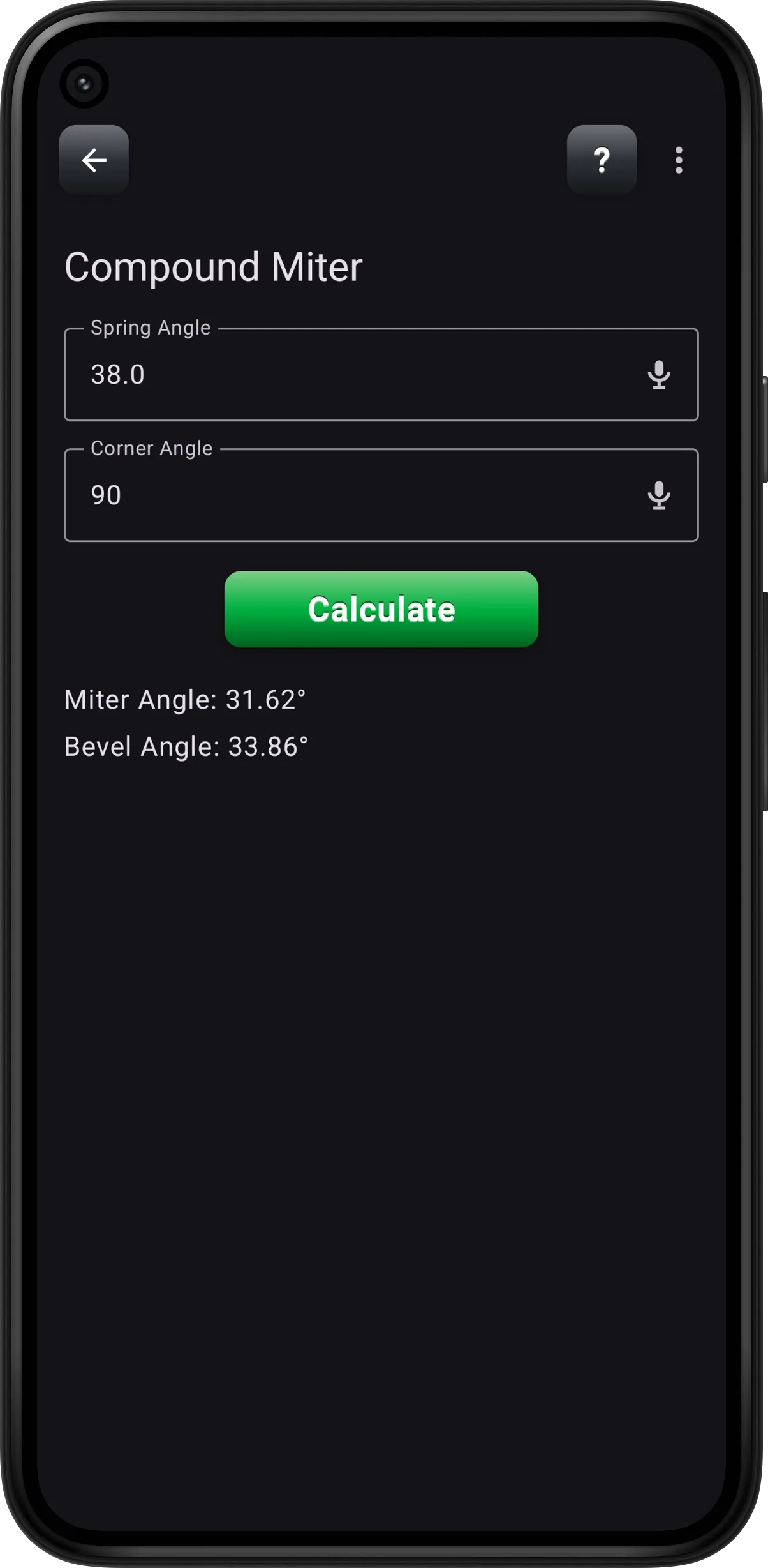 Compound Miter (Advanced) screen solving miter and bevel angle from spring angle and corner angle