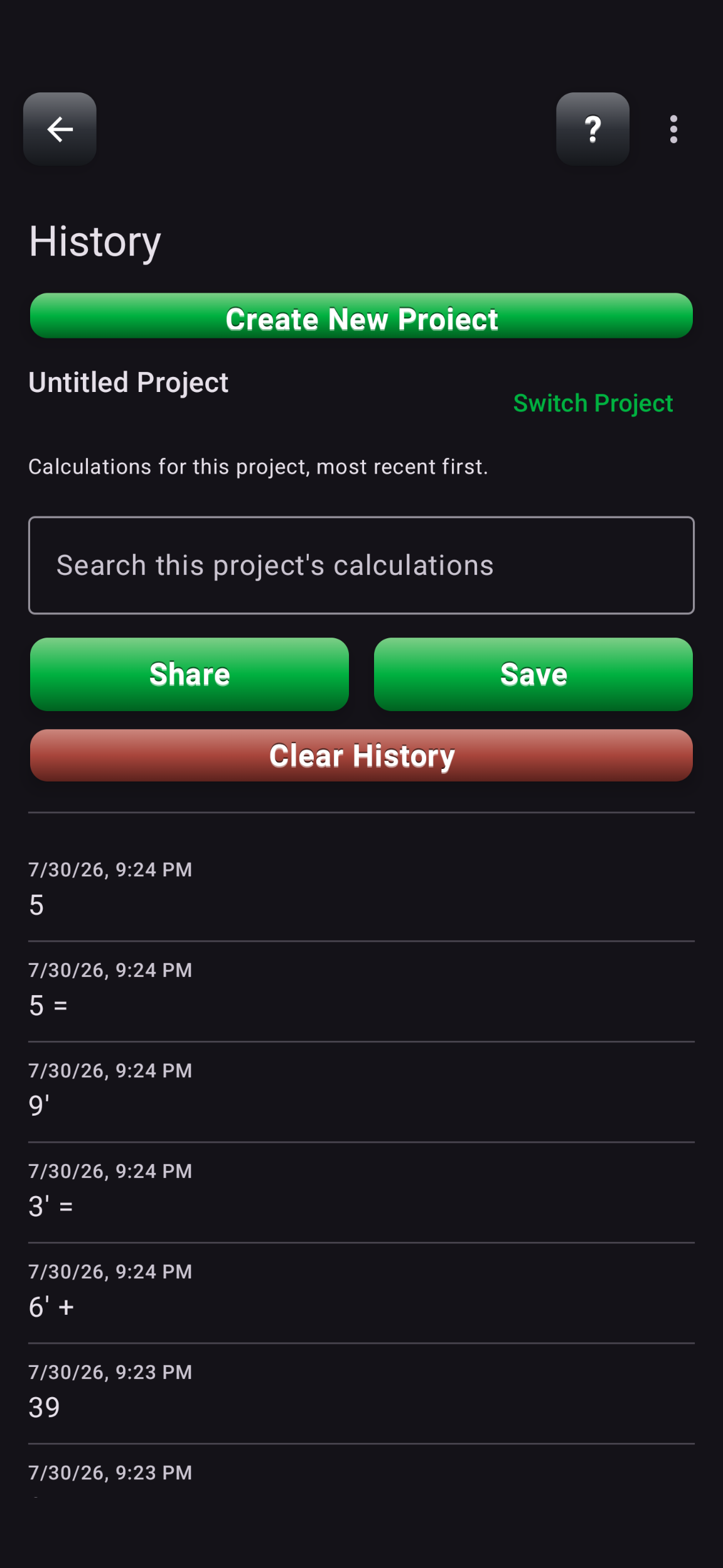 History screen listing past calculations for the current project