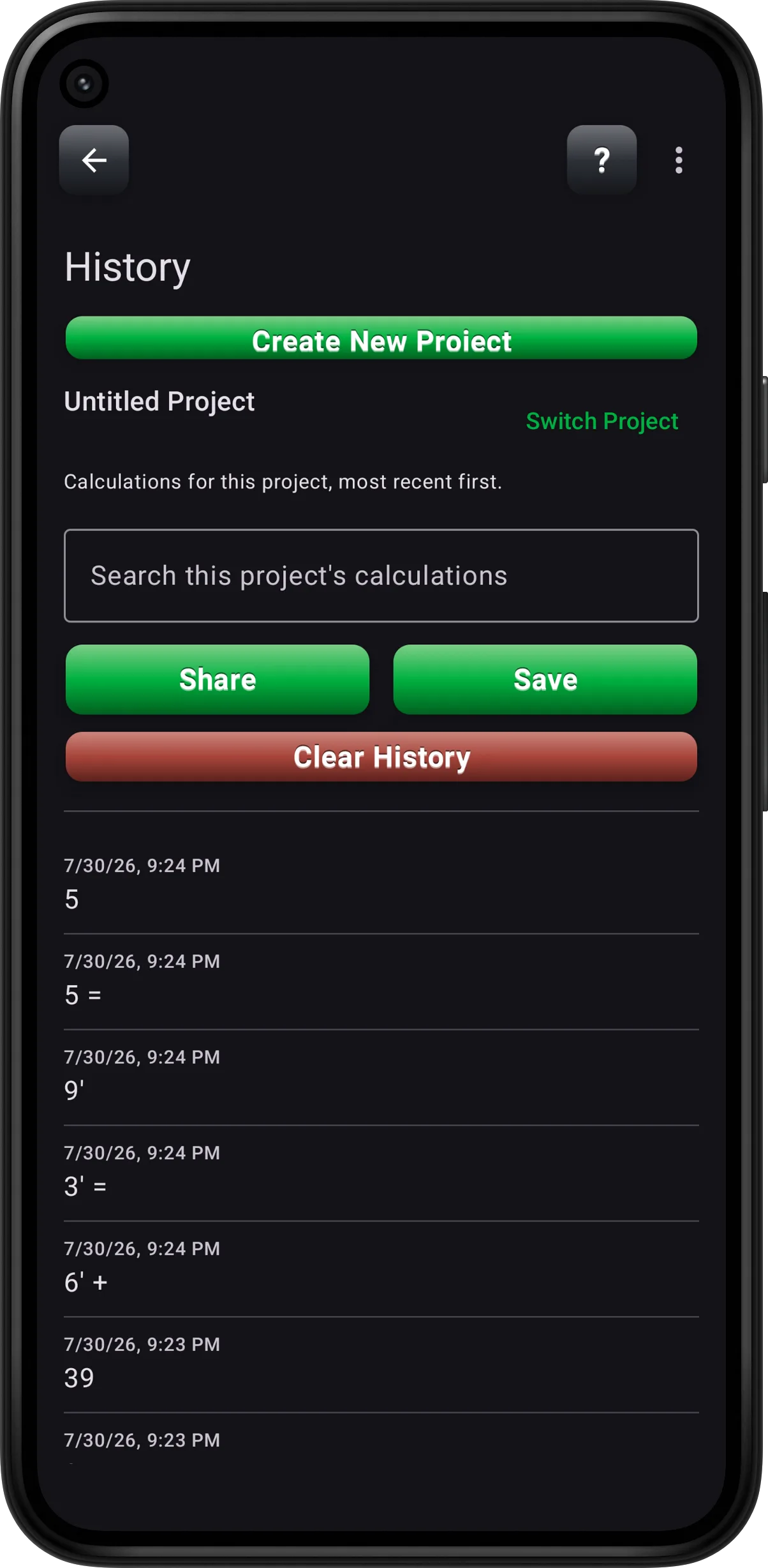 History screen listing past calculations for the current project