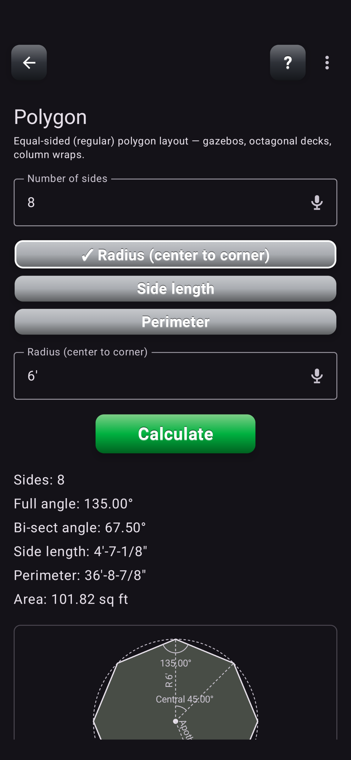Polygon (Advanced) screen solving a regular polygon's angles, side length, perimeter, and area, plus the polygon diagram