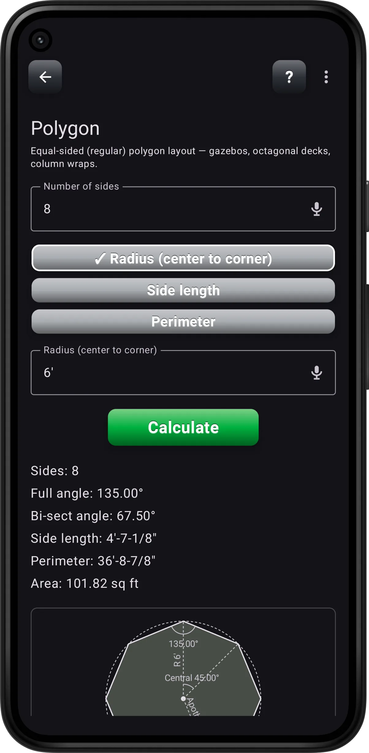 Polygon (Advanced) screen solving a regular polygon's angles, side length, perimeter, and area, plus the polygon diagram