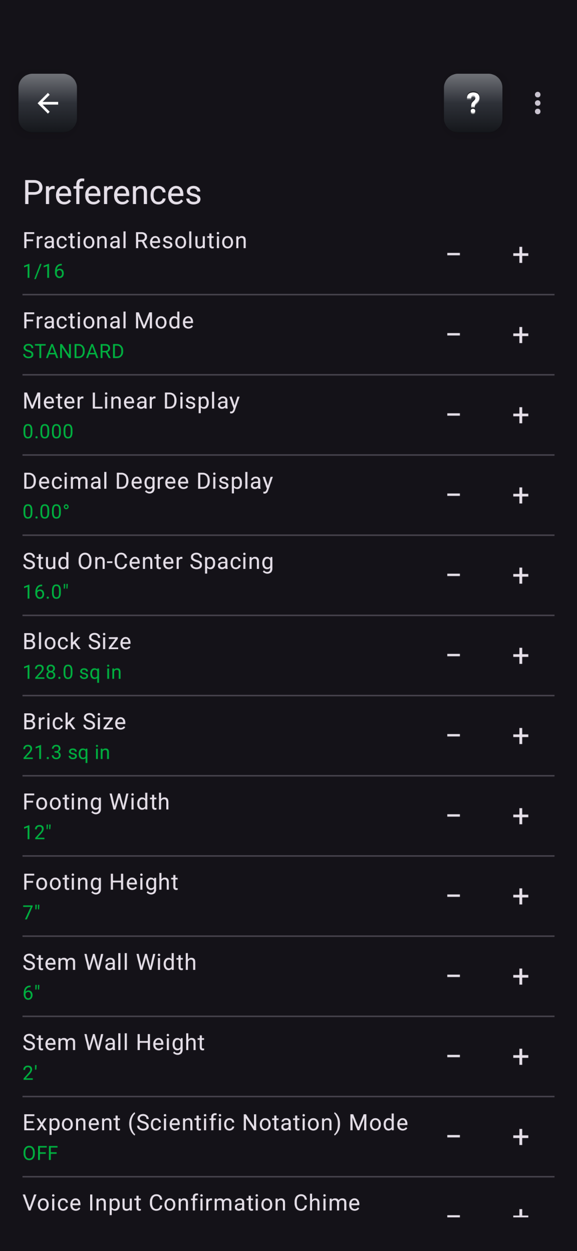 Preferences screen listing fractional resolution, unit displays, and framing defaults