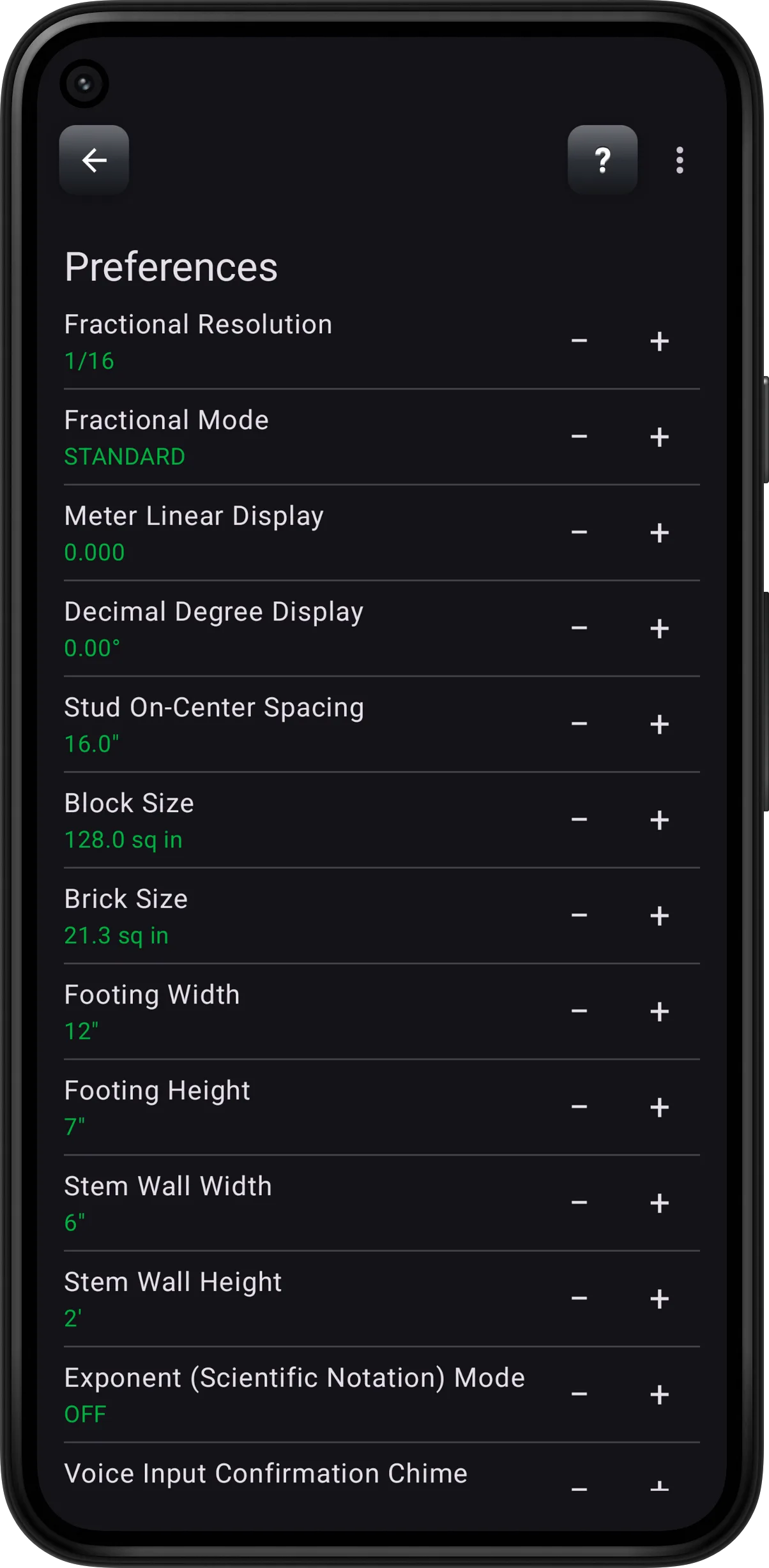 Preferences screen listing fractional resolution, unit displays, and framing defaults