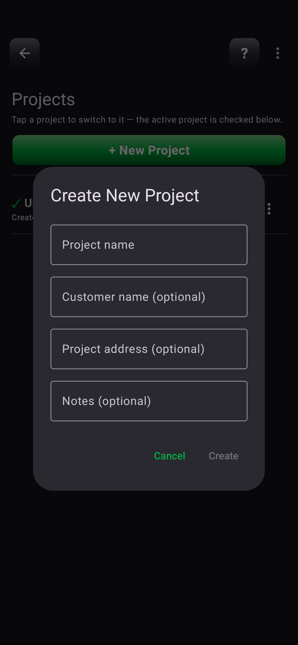 Create New Project dialog for keeping separate calculation histories per job