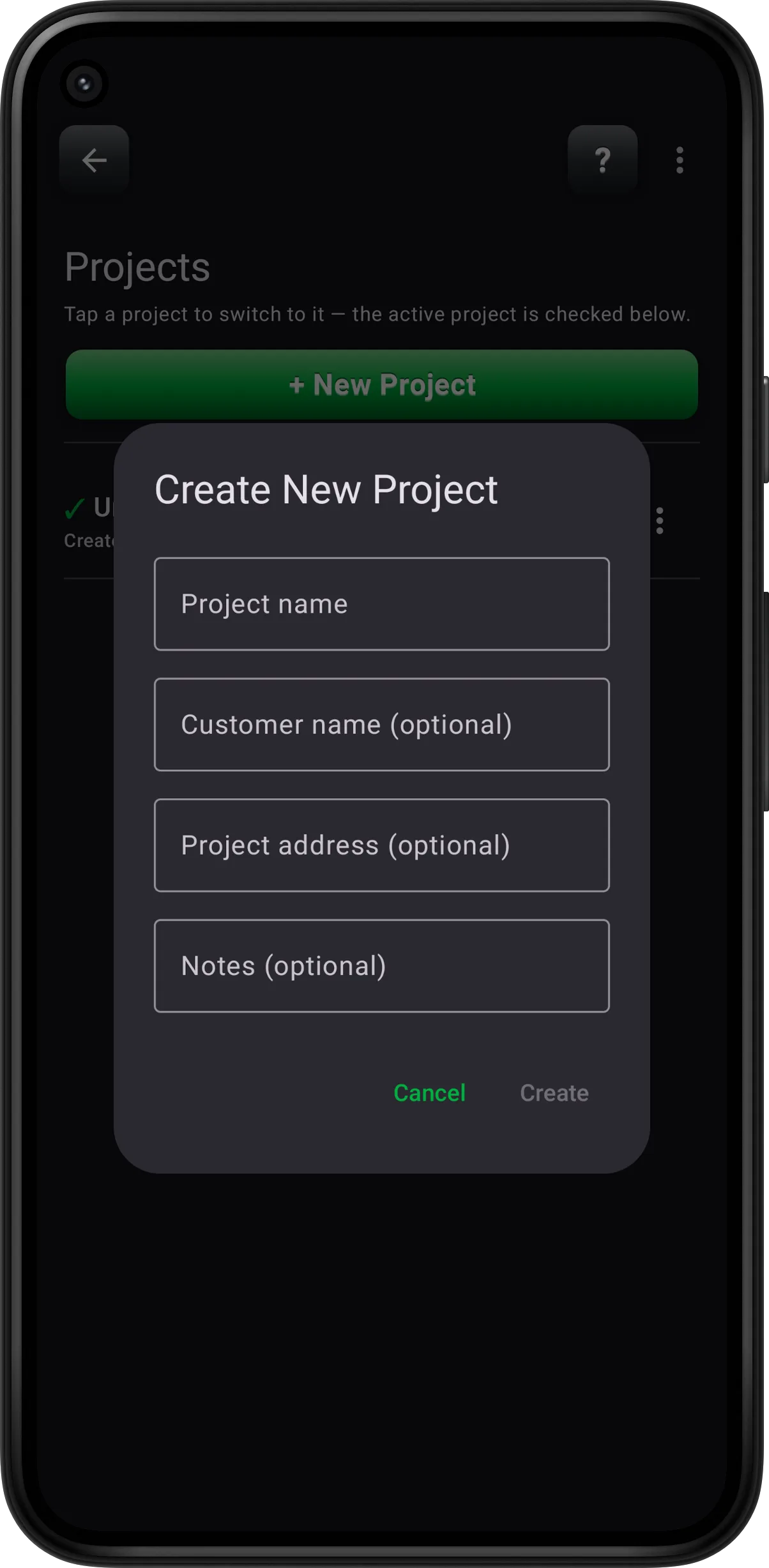 Create New Project dialog for keeping separate calculation histories per job