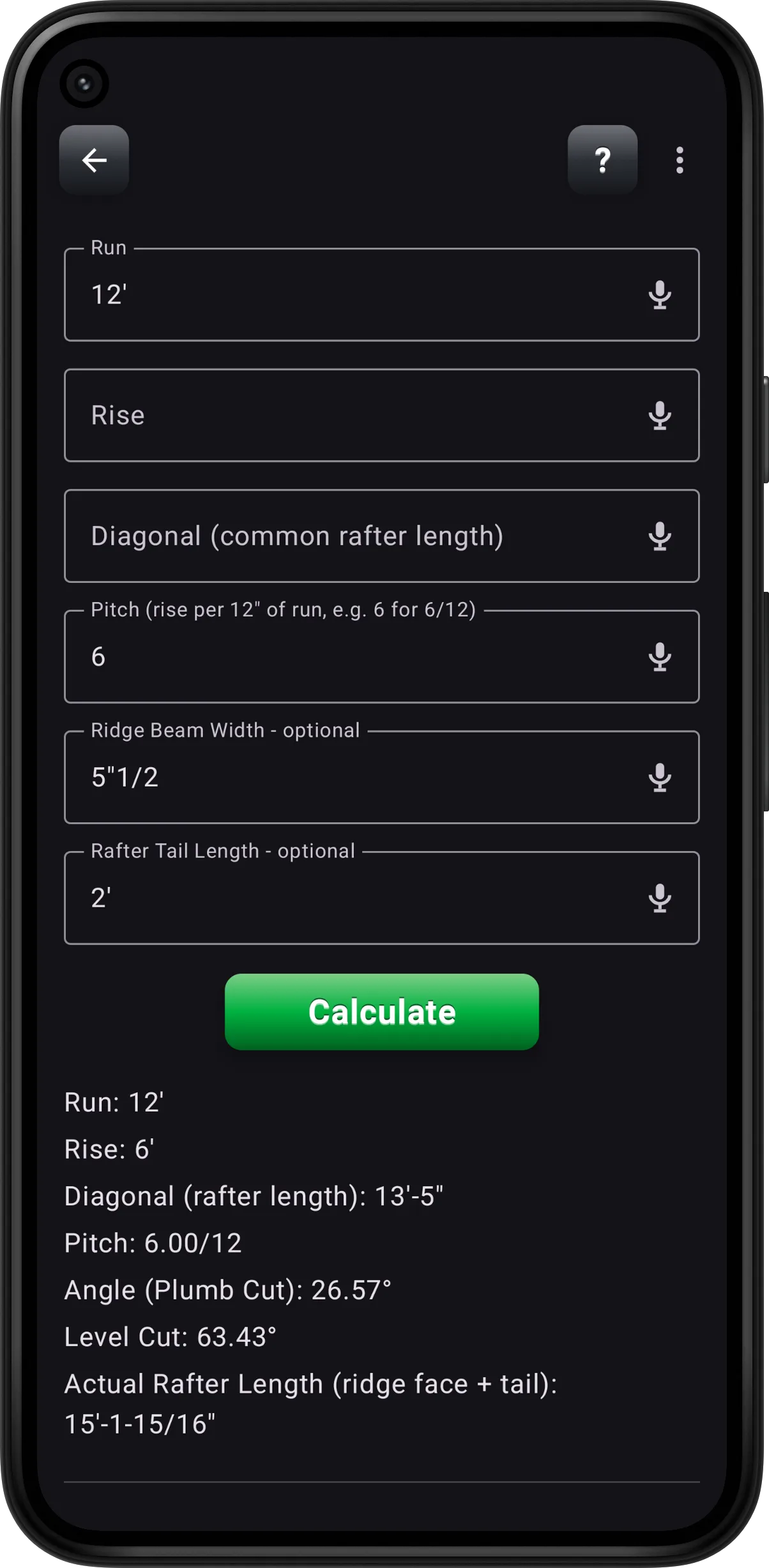 Roofing (Advanced) right triangle screen solving run, rise, diagonal, and pitch, with ridge beam and rafter tail adjustments