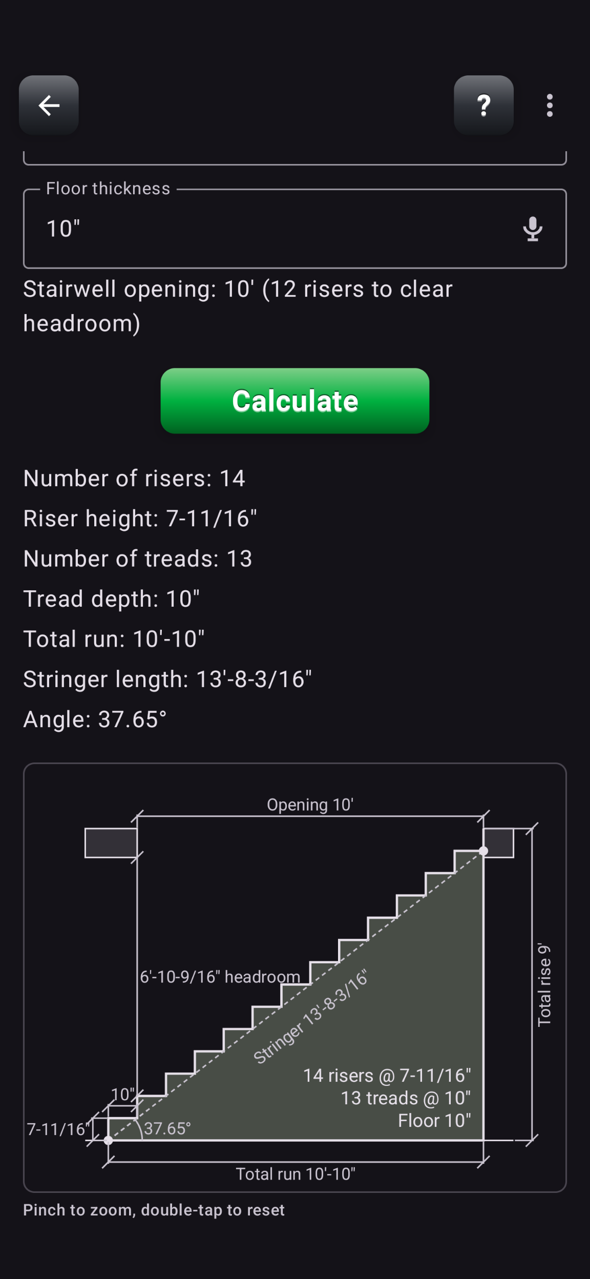 Stairs (Advanced) results with riser height, tread depth, stringer length, stairwell opening, and the stair diagram