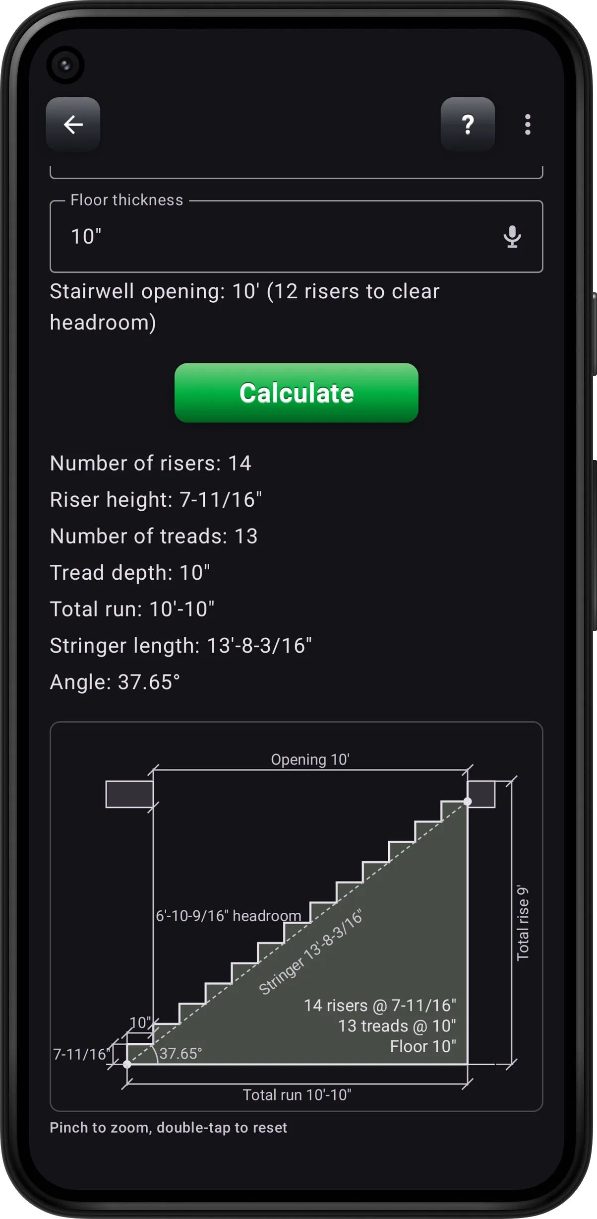 Stairs (Advanced) results with riser height, tread depth, stringer length, stairwell opening, and the stair diagram