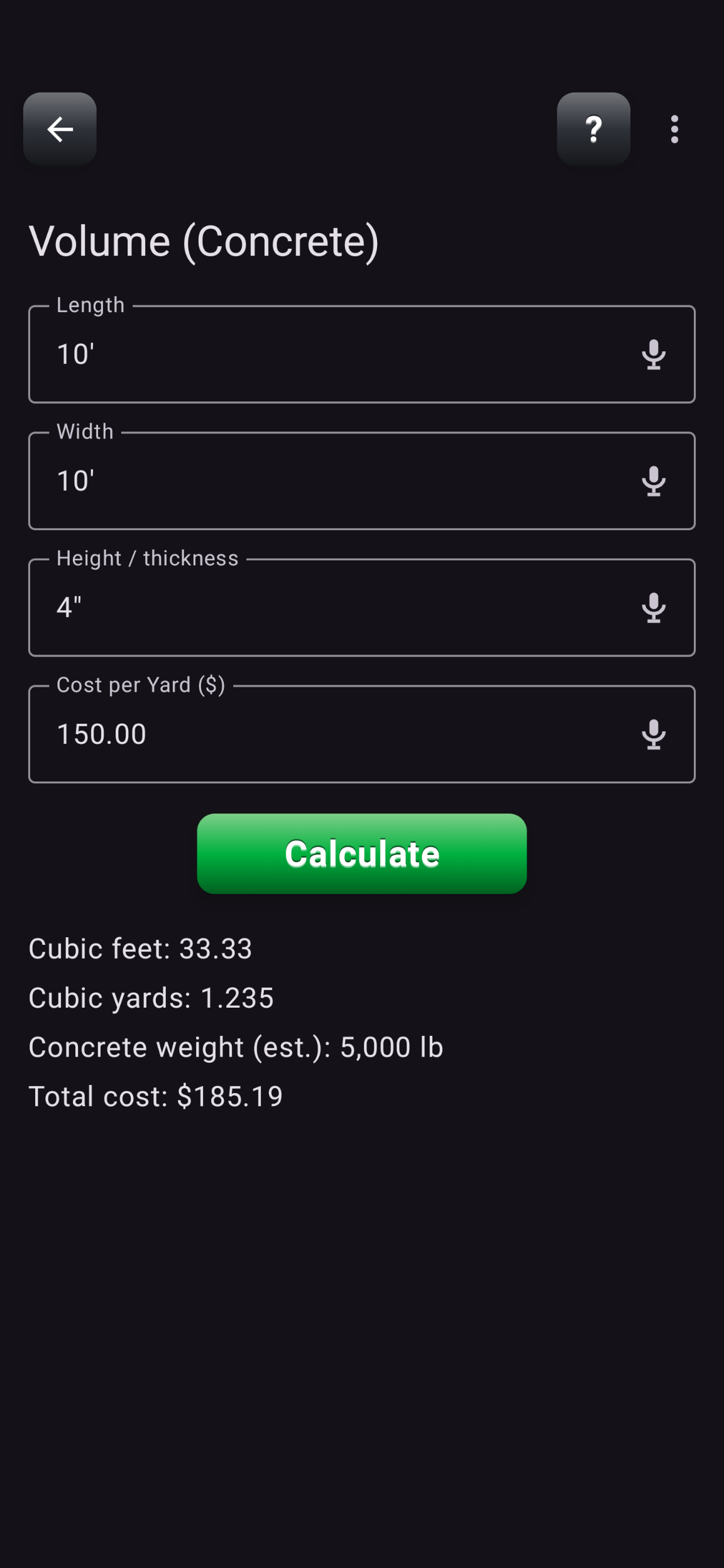 Volume (Concrete) screen computing cubic yards and cost from length, width, and thickness