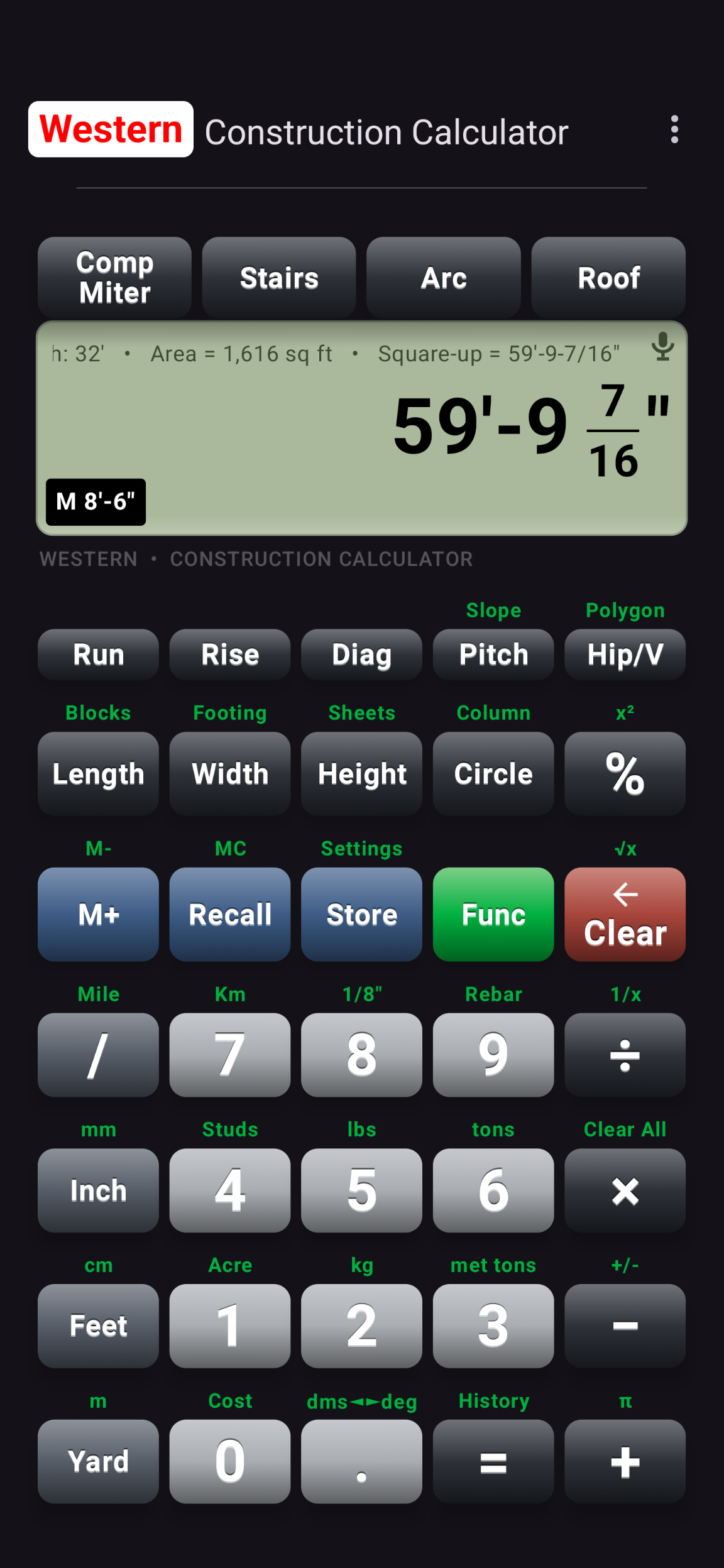Western Construction Calculator main keypad screen
