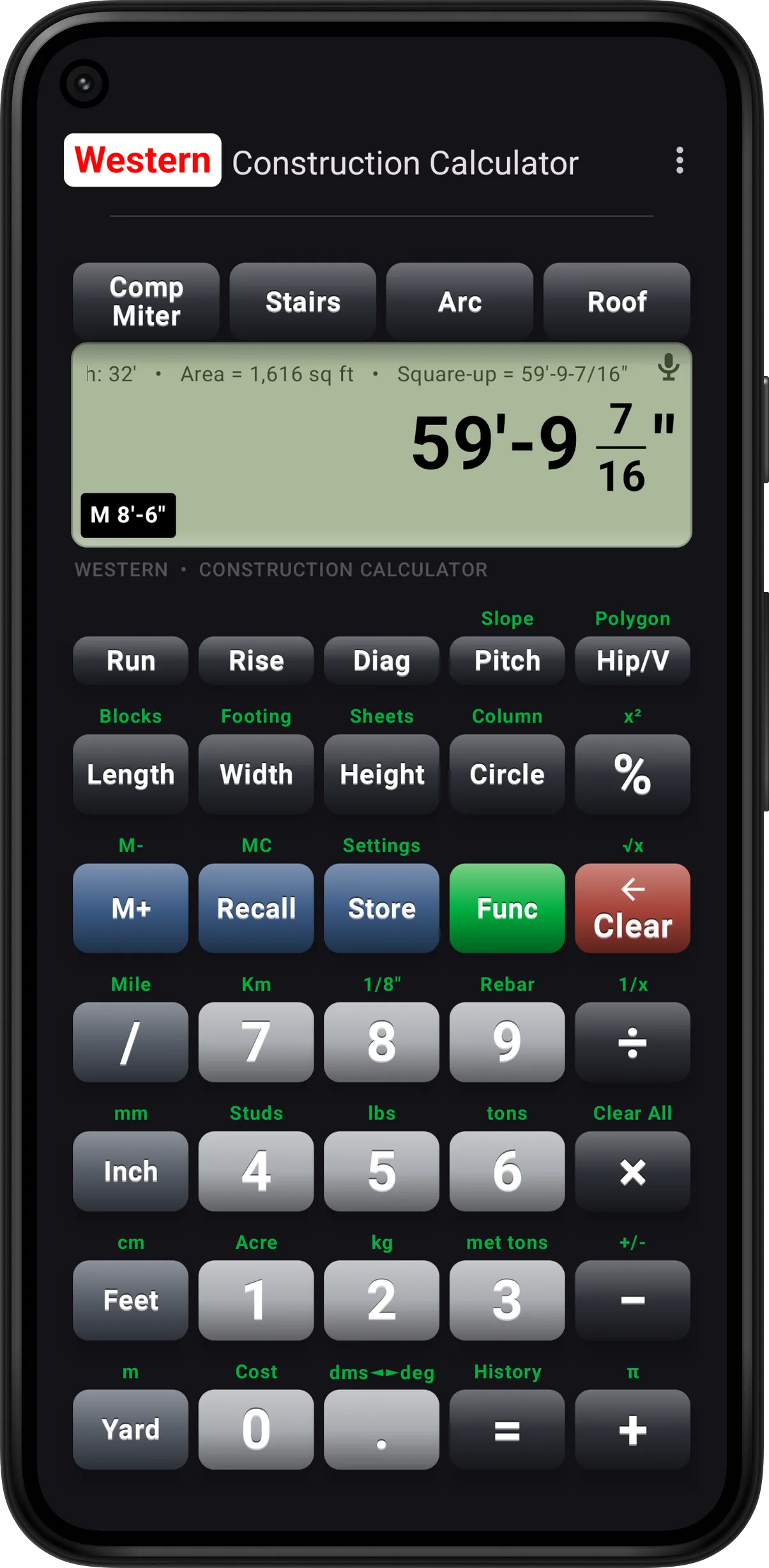 Western Construction Calculator main keypad screen